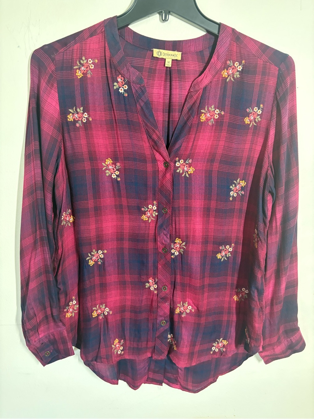 Democracy Red Plaid Button-Front Shirt with Floral Embroidery